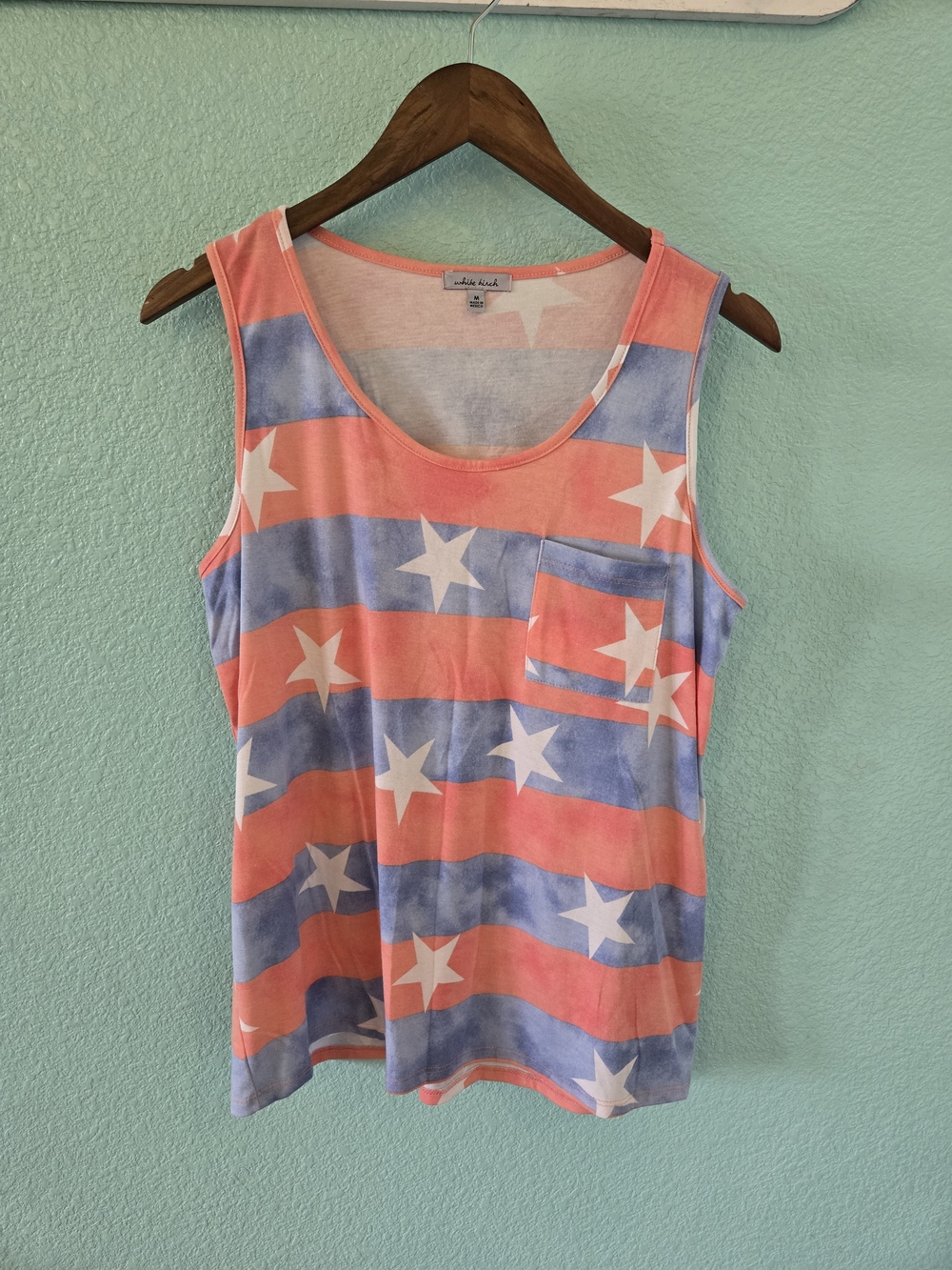 white birch Coral & Blue Star Stripe Pocket Tank